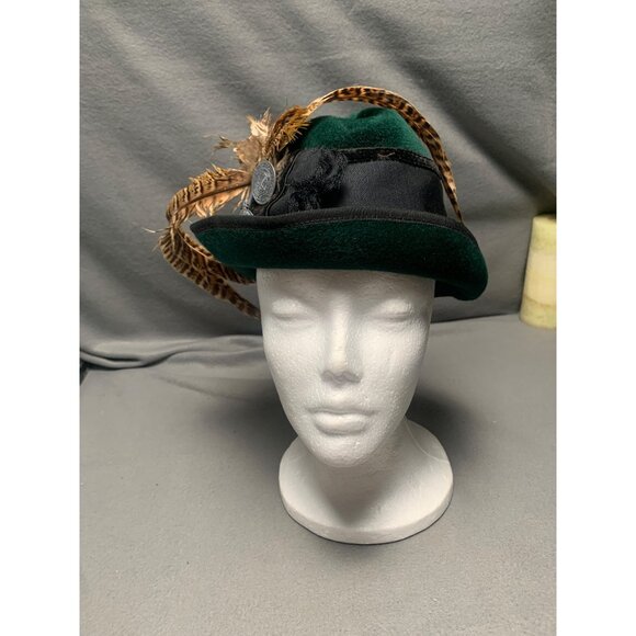 Tyrolean Green Felt Fedora Hat With Feather & Button Accents Size 22 - Picture 7 of 12